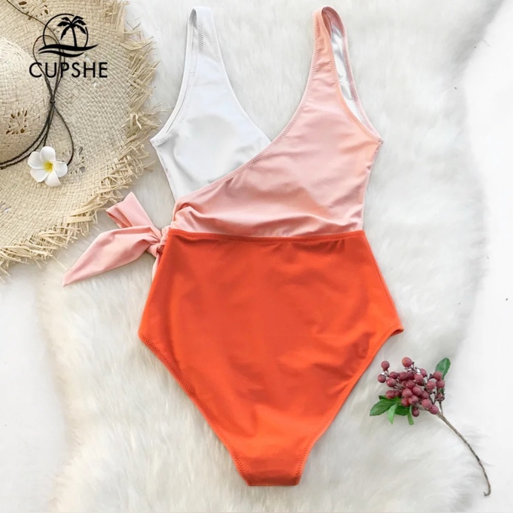 Cupshe Orange And White Colorblock One-piece Swimsuit Women Patchwork Size L - Picture 5 of 5
